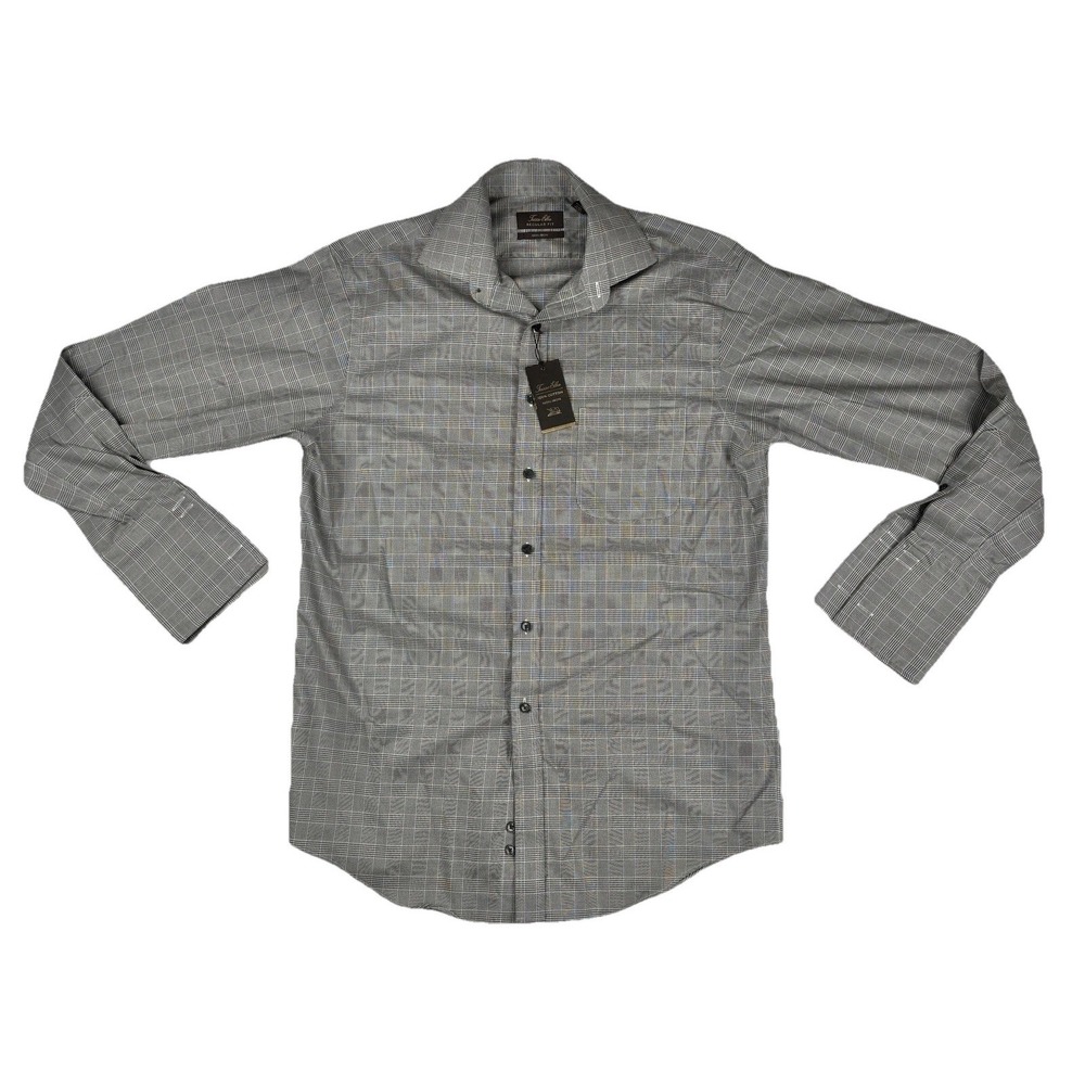 Tasso Elba Men's Dress Shirt‎ Charcoal Plaid 15.5 34/35 Medium 100% Cotton